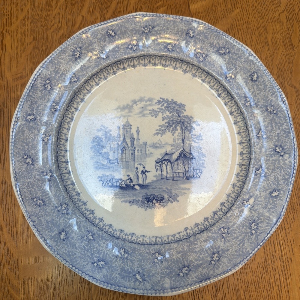 Antique TJ & J Mayer Garden Scenery Blue White Transferware Plate Staffordshire